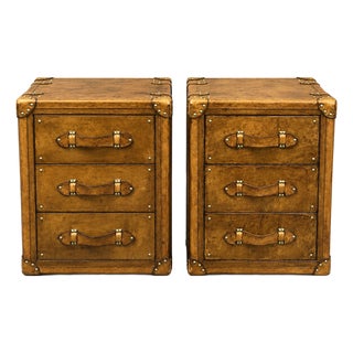 Luxury Handmade Leather Bedside Tables, Pair of Vintage Trunk Nightstands, Leather 3 Drawer Bedside Cabinets With Brass Studs, A Pair For Sale