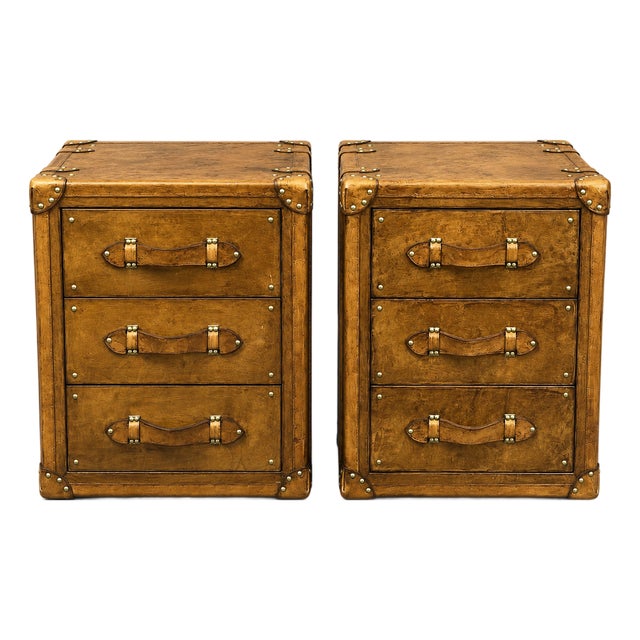 Luxury Handmade Leather Bedside Tables, Pair of Vintage Trunk Nightstands, Leather 3 Drawer Bedside Cabinets With Brass Studs, A Pair For Sale