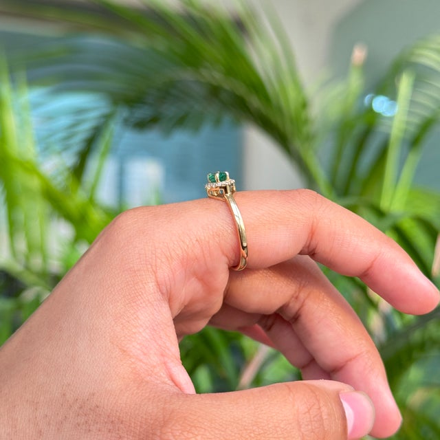 Art Deco High Quality Zambian Emerald Halo Diamond Ring Size 7 in 14k Gold For Sale - Image 10 of 17