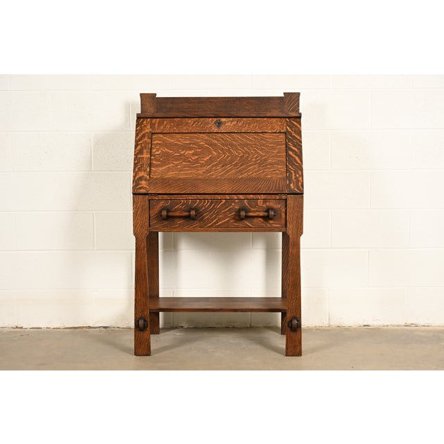 Mission Stickley Brothers Style Antique Mission Oak Arts & Crafts Drop Front Secretary Desk, Circa 1910 For Sale - Image 3 of 18