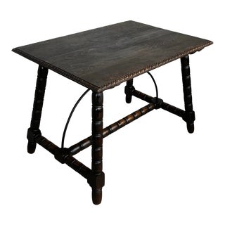 19th Spanish Side Table With Cared Turned Legs and Wood Stretcher For Sale