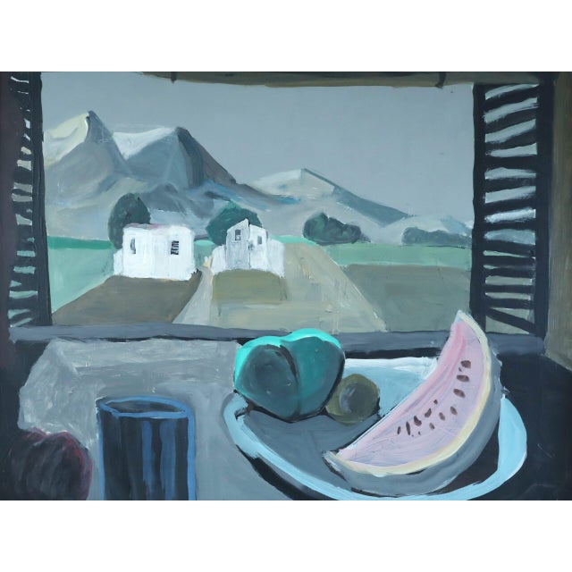 Mid-Century Modern 'Still Life With Mountain View' Vintage Original Interior Oil Painting, Framed For Sale - Image 10 of 13