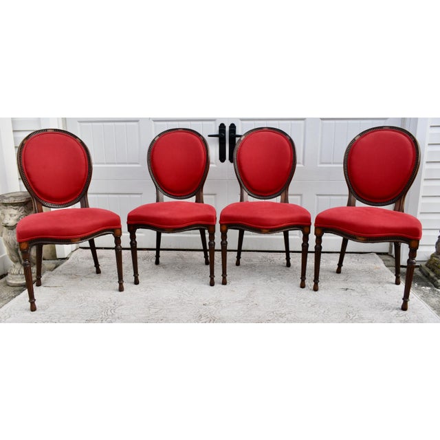 Traditional Vintage Set of Four Carved & Inlaid Regency Style Rounded Back Red Side Chairs For Sale - Image 3 of 13