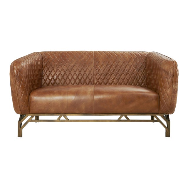 Vincent Industrial Modern Love Seat - Light Brown Leather For Sale