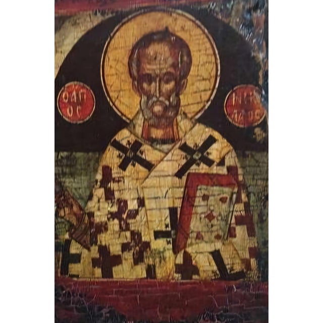 Antique Greek Portable Travel Icon of Saint Antipas in Wood, 18th Century Post-Byzantine For Sale - Image 4 of 9