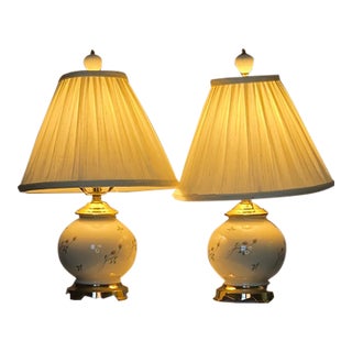 Vintage Lenox Floral Porcelain Table Lamps With Brass Accents and Pleated Shades - Pair For Sale