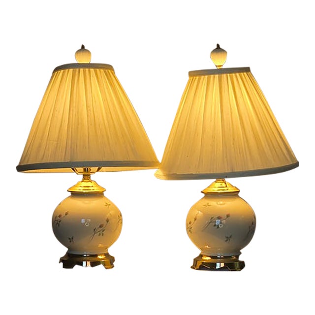Vintage Lenox Floral Porcelain Table Lamps With Brass Accents and Pleated Shades - Pair For Sale