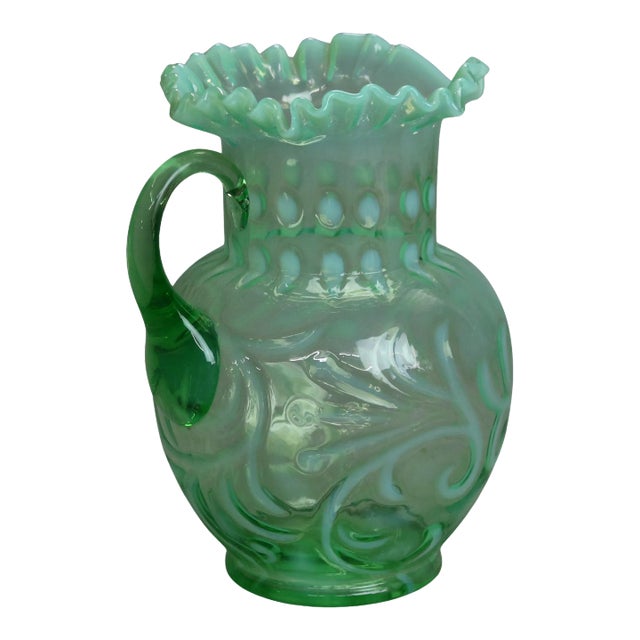 Antique Victorian Green & Opalescent Glass Pitcher with Ruffled Rim, Circa 1900 For Sale