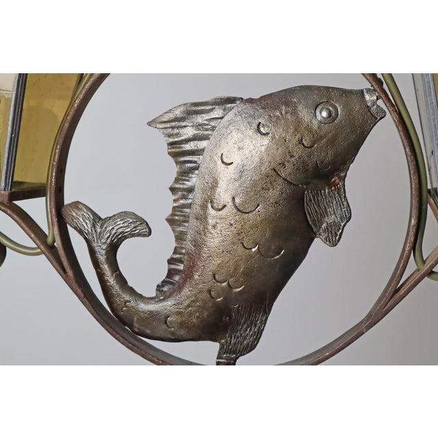 Arts and Crafts Wrought Iron and Leaded Glass Fish Pendant Lamp, Germany, 1920s For Sale - Image 4 of 15