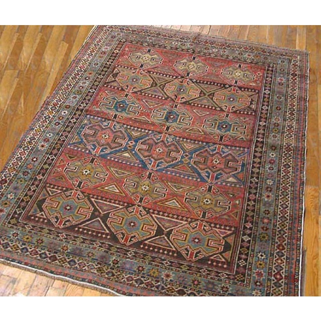 Tribal 1890s Multicolor Diamond Antique Caucasian Rug 4'0" X 4'10" Handknotted Wool Carpet For Sale - Image 3 of 5