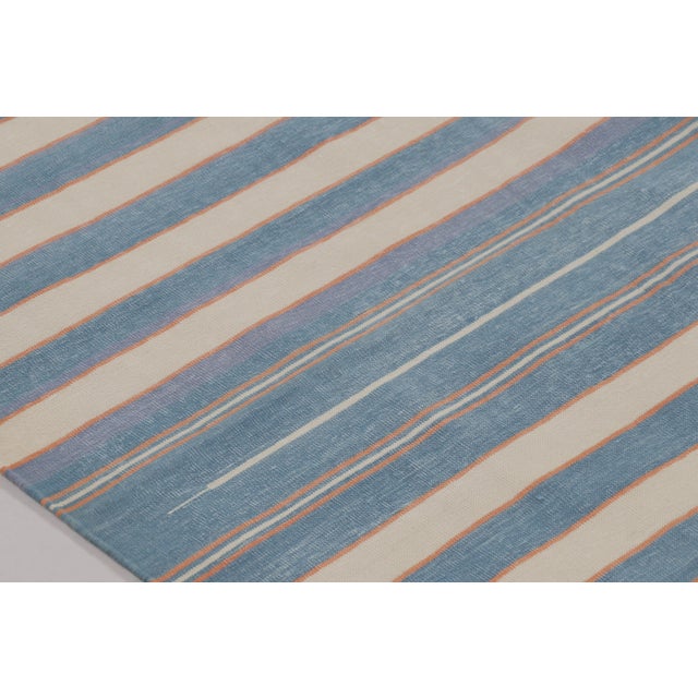 Rug & Kilim’s Indian Dhurrie Rug in Slate Blue and Ivory Stripes For Sale In New York - Image 6 of 10