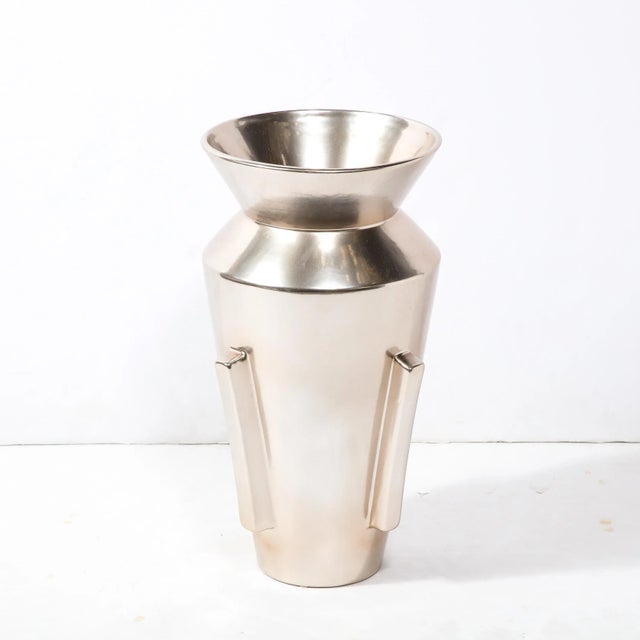Late 20th Century Modernist Urn Form Ceramic Vase With Rectilinear Detailing & Platinum Glaze For Sale In New York - Image 6 of 9