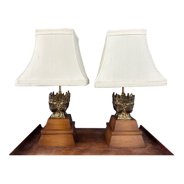 Pair of 1970s Marbro Asian Influenced Brass and Mahogany Table Lamps For Sale