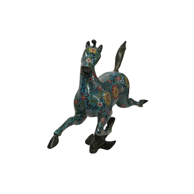 Chinese Chinese Turquoise Teal Enamel Galloping Horse Treading on a Flying Swallow Metal Figure For Sale - Image 3 of 12