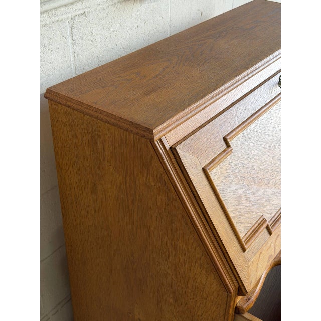 Oak Slant-Front Bureau Writing Desk With Storage Mid-Century Modern 1970s For Sale - Image 11 of 11