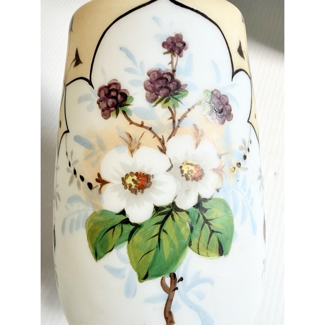 Matching Pair of Antique Bristol Glass Vases With Hand Painted Flowers & Butterflies For Sale - Image 9 of 17
