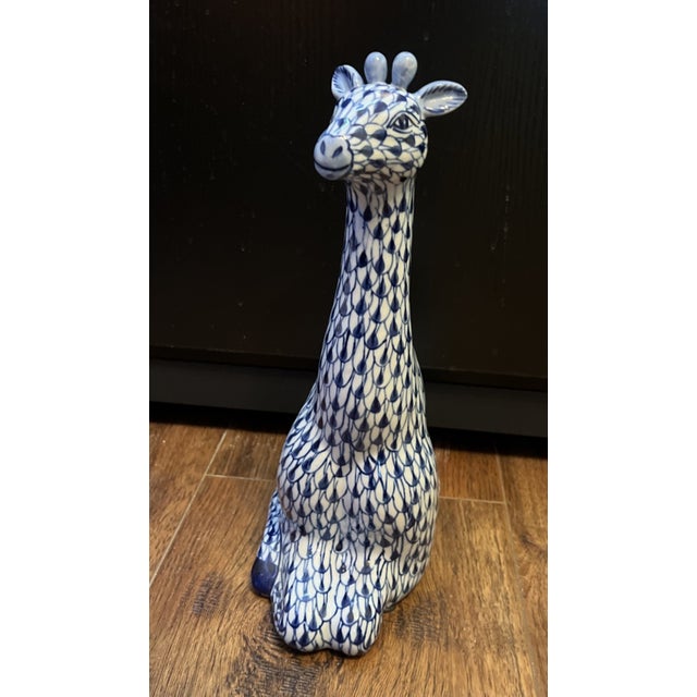 Mid-Century Modern Vintage MCM Andrea by Sadek Blue & White Painted Fishnet Sitting Giraffe 13" Tall Figurine For Sale - Image 3 of 7