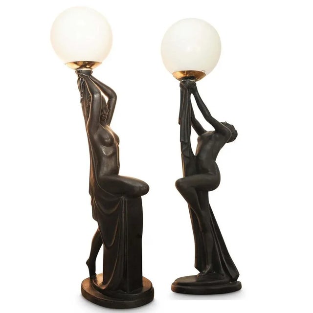 1930s Art Deco Ebonized Plaster Nude Feminine Form Table Lamps, 1930s, Set of 2 For Sale - Image 5 of 12