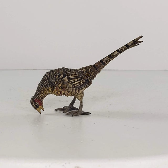 Vintage Mid 20th Century Austria Bronze Cold Painted Ring-Necked Pheasant Miniature Figurines - a Pair For Sale - Image 9 of 13