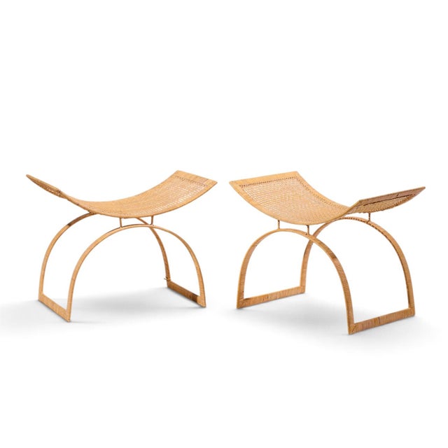 Mid-Century Modern Harvey Probber Artisan Collection Mid Century Rattan Over Steel Stools - Pair For Sale - Image 3 of 12