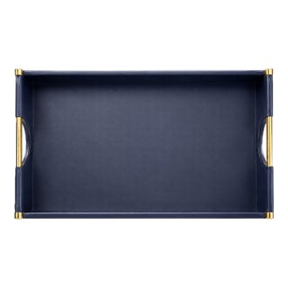 Ralph Lauren Leather Tray, Smooth Calf Leather, Polished Brass Handles, Navy, Brand New For Sale