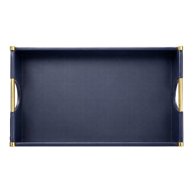 Ralph Lauren Leather Tray, Smooth Calf Leather, Polished Brass Handles, Navy, Brand New For Sale