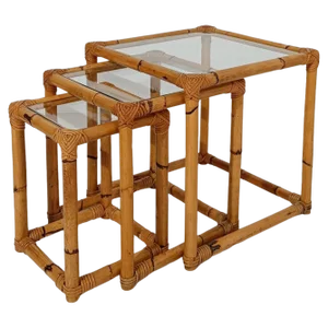 Vintage Italian Bamboo Cane and Rattan Nesting Tables with Clear Glass Top, 1960s, Set of 3