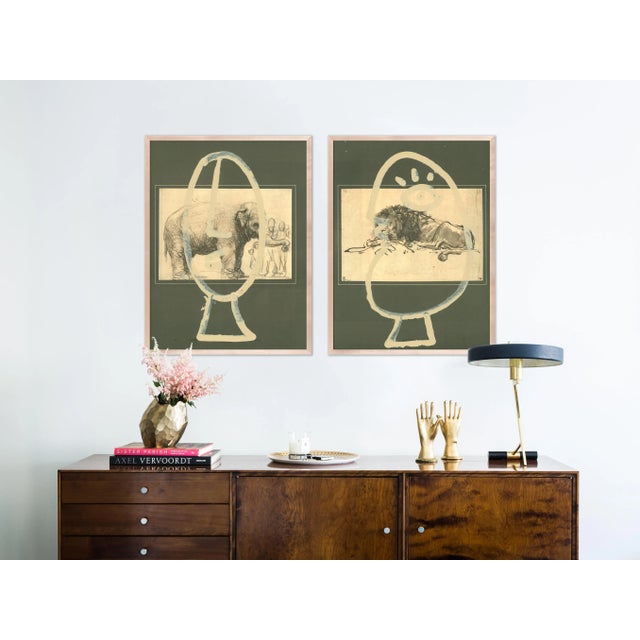 Virginia Chamlee Lion and Elephant Diptych Prints by Virginia Chamlee in Natural Maple Frames, Medium, Set of 2 For Sale - Image 4 of 4
