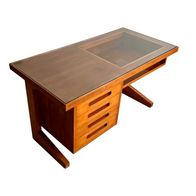 Mid-Century Italian Desk with Z-Shaped Legs and Glass Top, 1970s For Sale