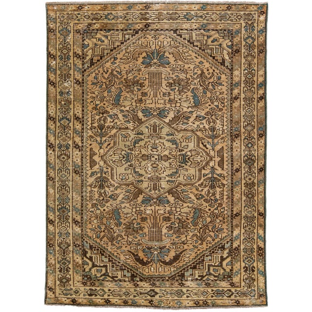 Mid 20th Century Vintage Persian Distressed Beige Handmade Floral Wool Rug For Sale - Image 9 of 9