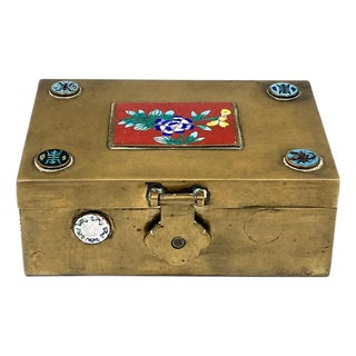 Vintage Chinese Brass Cloisonne Enamel Trinket Box Floral For Sale