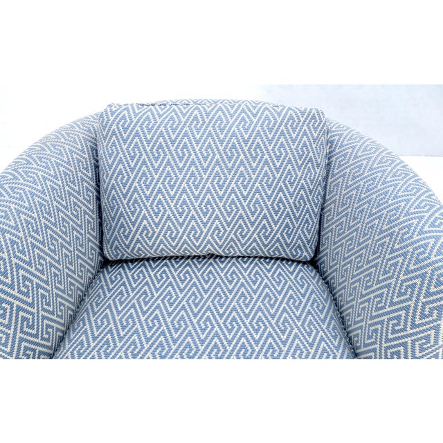 Pair of Blue & White Upholstery Vintage MCM Barrel Back Swivel Chairs For Sale - Image 9 of 13