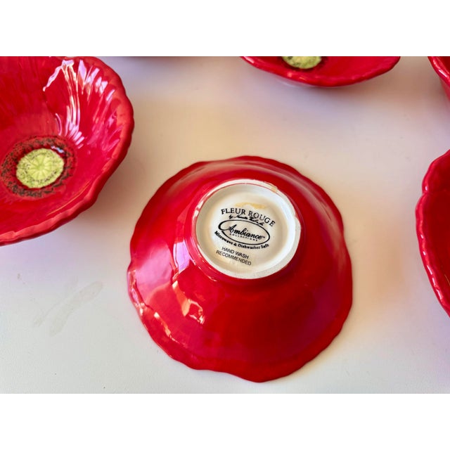 Ceramic Late 20th Century Red Poppy Flower Hand Painted Salad Bowls Set: 8 Piece For Sale - Image 7 of 7