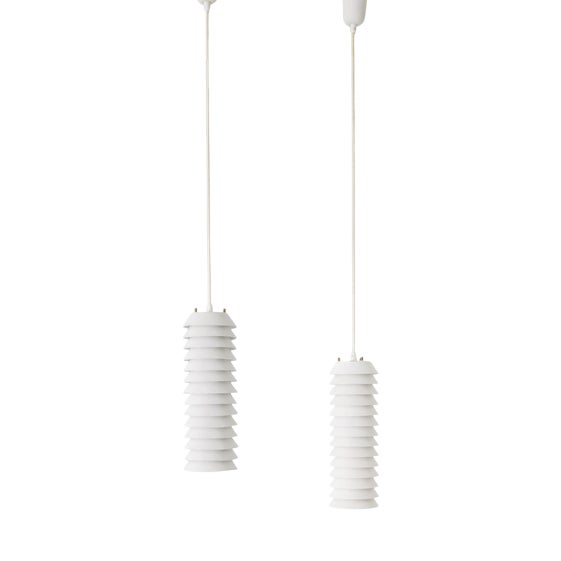 Mid-Century Finnish White Cylinder Pendant Lamps by Ilmari Tapiovaara, 1950s, Set of 2 For Sale