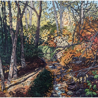 Olde World Charm by Deb Komitor | Oil on cradle board Landscape with trees and a stream For Sale