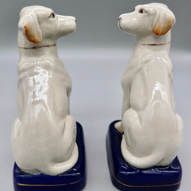 Pair of Vintage Staffordshire-Style Ceramic Labrador Figurines — Cobalt Blue Base, Gilt Detail For Sale - Image 4 of 9