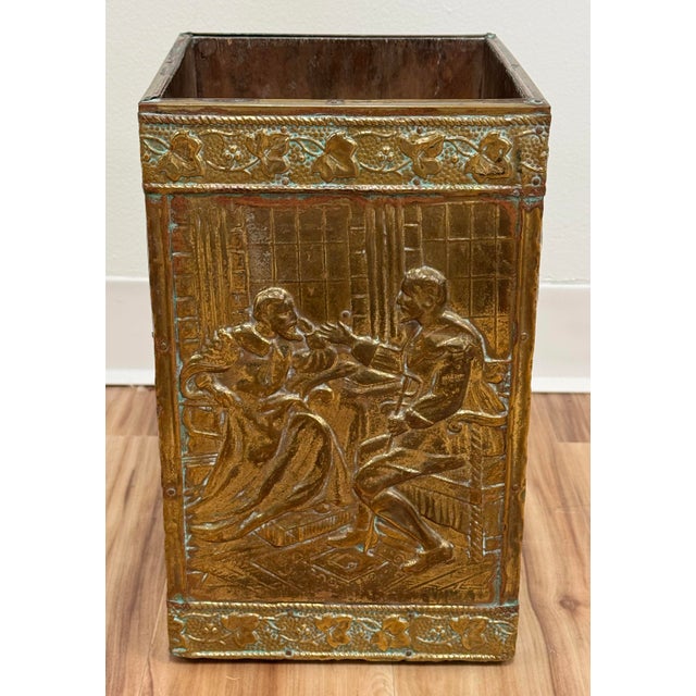 French Vintage 19th C French Repousse Style Brass and Wood Waste Bin or Umbrella Stand For Sale - Image 3 of 6