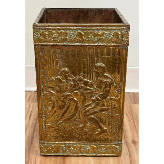 French Vintage 19th C French Repousse Style Brass Clad Wastebasket or Umbrella Stand For Sale - Image 3 of 6