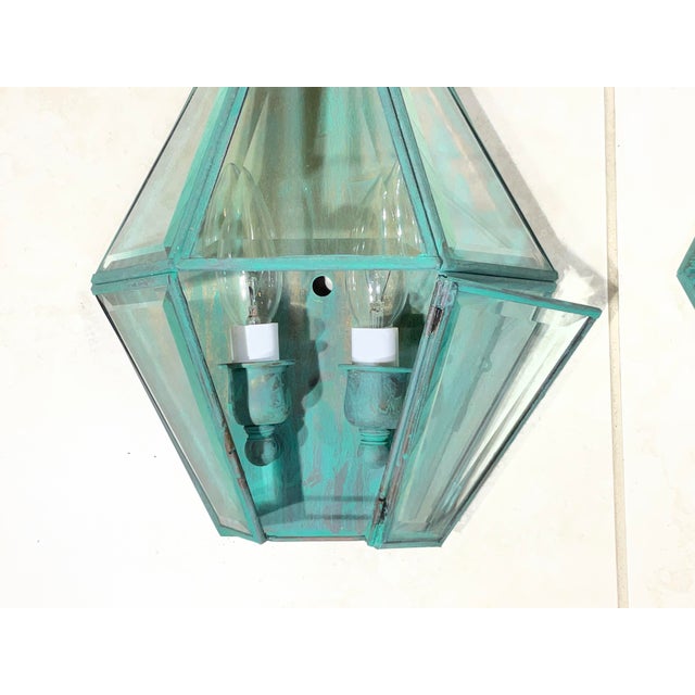 Pair of Vintage Solid Brass Verdigris Hexagonal Wall Sconces For Sale - Image 10 of 16