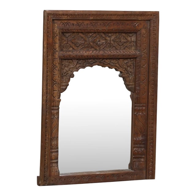Antique Indian Teakwood Carved Window Frame Mirror For Sale