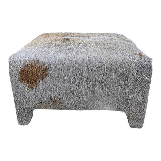 Vintage Rustic Modern Cowhide Ottoman Newly Reupholstered in Cowhide For Sale