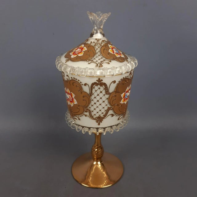 Murano Glass Vase or Centerpiece with Lid in Pure Gold and Floral Decor, 1950s, in Flawless conditions. Designed 1950 to...