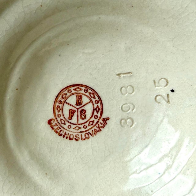 Tangerine Vintage BFS Czechoslovakia Art Deco Hand Painted Pottery Bowl With Handle Leaf and Berry Design For Sale - Image 8 of 12