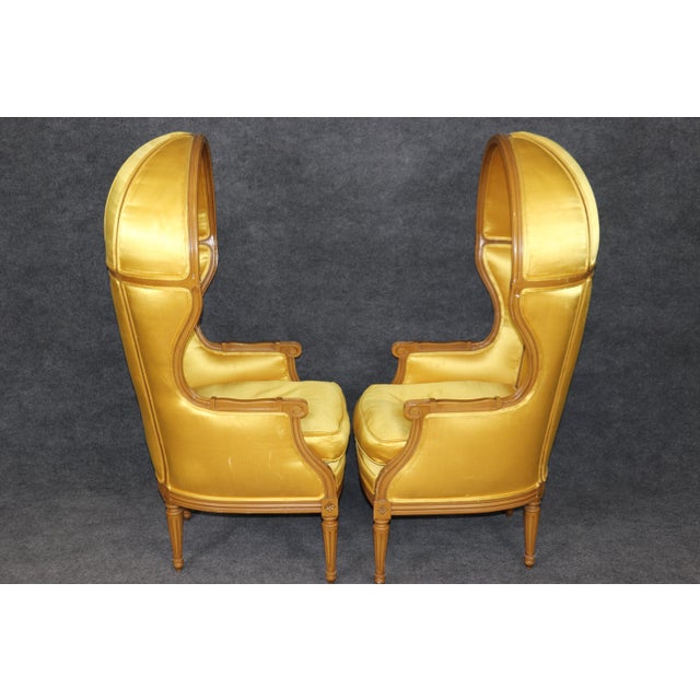 Wood Stunning Pair of Gold Upholstered French Carved Louis XVI Canopy Porter Chairs For Sale - Image 7 of 12