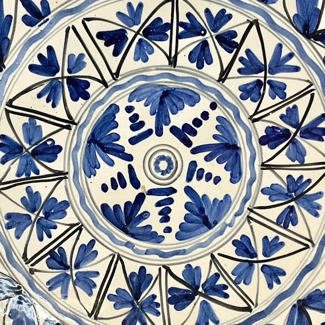 Mexican Mid-Century Boho Chic Mexican Folk Art Hand Painted Pottery Plate in Blue & White For Sale - Image 3 of 9