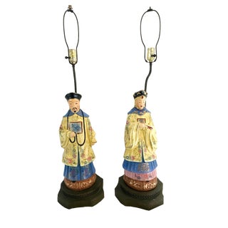 Chinoiserie Asian Men & Women Lamps - a Pair For Sale