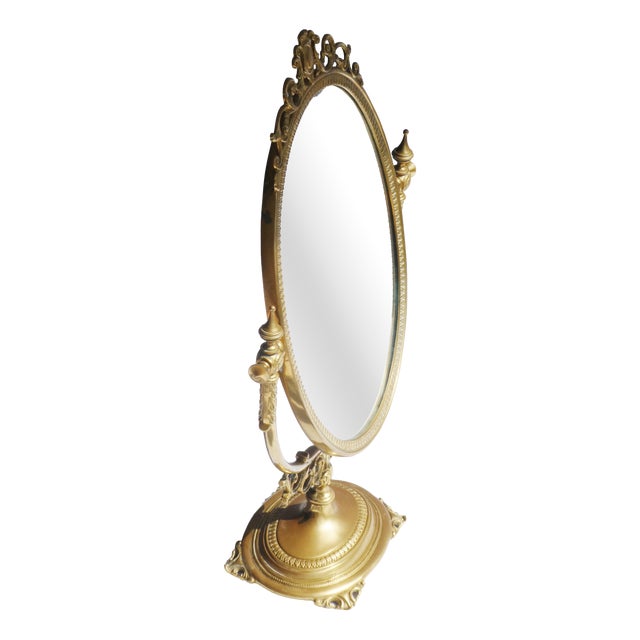 Mid-Century Oval Ornate Brass Vanity Swivel Mirror, 1960s For Sale