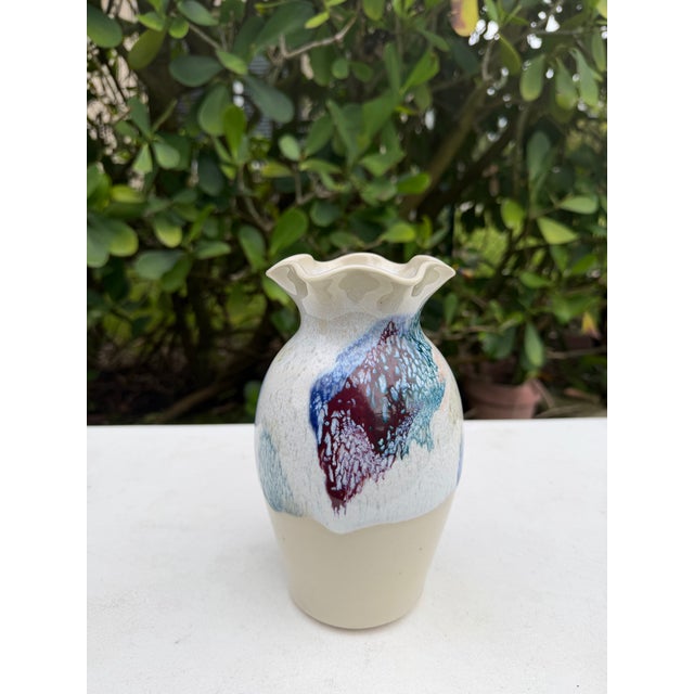 Ceramic Vintage 8” Studio Pottery Ruffled Rim Drip Glaze Art Vase For Sale - Image 7 of 11