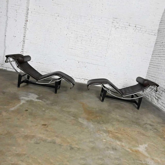 Pair Chaise Lounge Chairs Brown Leather & Chrome & Black Steel Bases Style of Le Corbusier Lc4 For Sale - Image 6 of 13