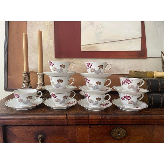 Metal Vintage Noritake Geranium Burgundy and Gray Teacups and Saucers - Set of Nine (9) For Sale - Image 7 of 9